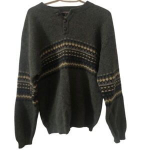 Vintage Green Fair Isle Quarter Button Up Crewneck Wool Sweater Medium